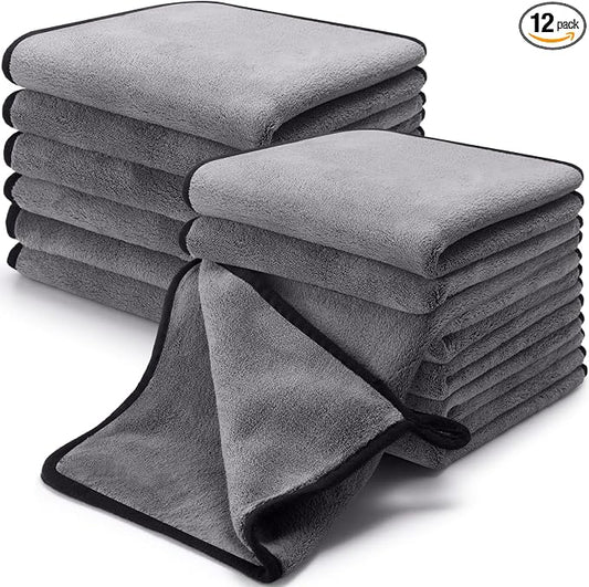 Tallew 12 Pcs Microfiber Towels for Cars, 800 GSM Plush Drying Cleaning Cloth Bulk, 16 x 16 Inch Thick Absorbent Wash Detailing Towels for Car Polishing, House, Kitchen Cleaning(Gray)