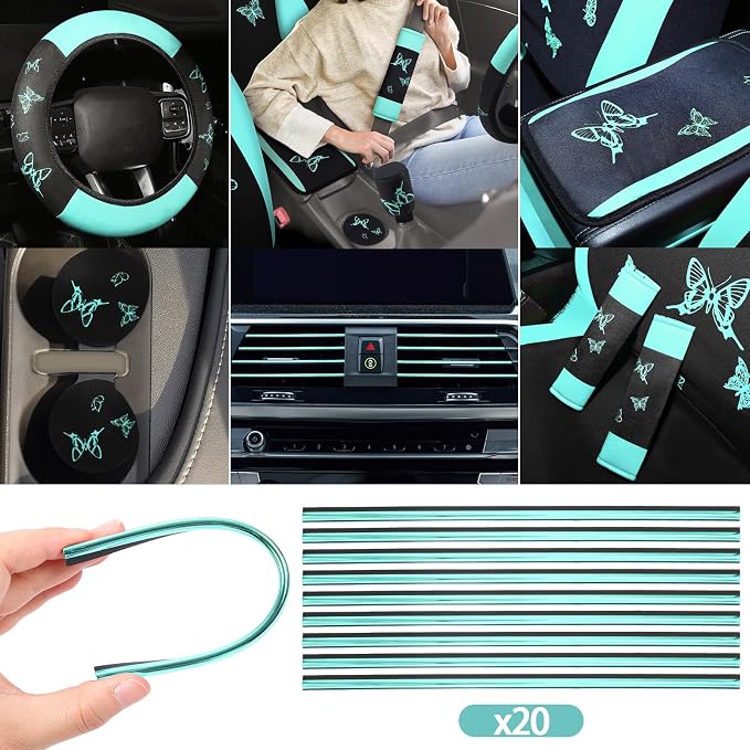 BBTO 43 Pcs Butterfly Car Seat Full Set Butterfly Car Accessories for Women 5 Front Rear Seat Covers Wrist Strap 2 Pcs Cup Mat Armrest Pad 2 Belt Xmas Cover Accessories for SUV(Mint Green, Black)