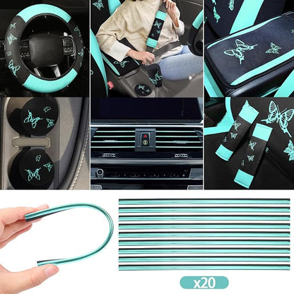 BBTO 43 Pcs Butterfly Car Seat Full Set Butterfly Car Accessories for Women 5 Front Rear Seat Covers Wrist Strap 2 Pcs Cup Mat Armrest Pad 2 Belt Xmas Cover Accessories for SUV(Mint Green, Black)
