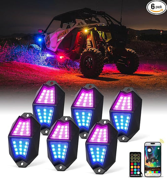 Xprite Rock Lights, 6 Pods Aluminum LED Rock Lights, 220° Wide Angle RGB Rock Lights with APP/RF Remote Control Chasing Effect, Music Sync and Turn Brake Signals, Rock Light for Trucks/Jeeps/UTV/ATV