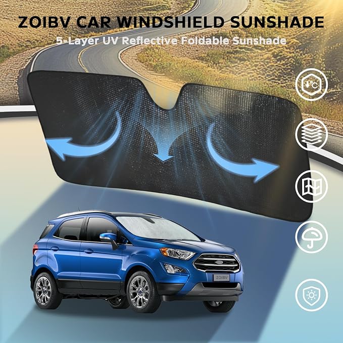 Car Windshield Sun Shade for Ford EcoSport 2018-2022 Front Window Sunshade Sun Visor Protection Cover Accessories -5-Layer Bubble Foldable Thicken Blocks Heat & UV Rays Keep Car Cooler