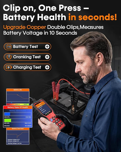 Easy to Use OBD2 Scanner with Battery Tester: 2-in-1 1S Read & Clear Check Engine Codes + Test Battery in Mins - DIY Car Diagnostic Tool with Cold Cranking Amps for Pre-Trip Safety on 1996+ Vehicles