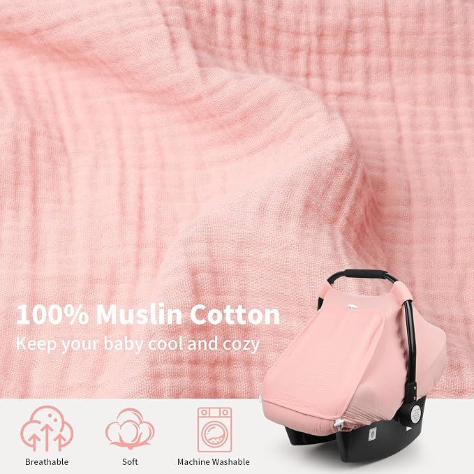 Rquite Car Seat Cover Baby, Carseat Covers Girl Boy, Breathable Muslin Cotton, Large Mesh Window, Infant Car Seat Canopy Baby Carrier Cover Stroller Sun Shade for Summer & Hot Day, Pink