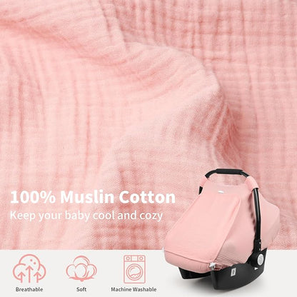Rquite Car Seat Cover Baby, Carseat Covers Girl Boy, Breathable Muslin Cotton, Large Mesh Window, Infant Car Seat Canopy Baby Carrier Cover Stroller Sun Shade for Summer & Hot Day, Pink