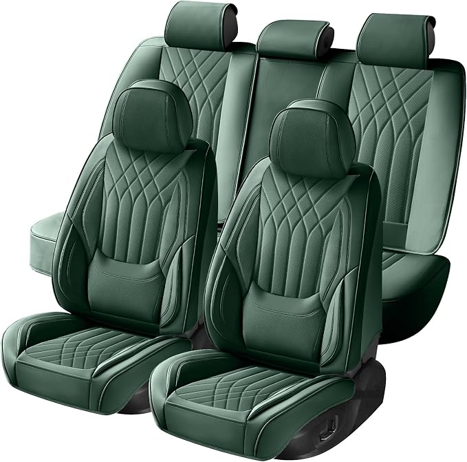 Green Car Seat Covers Full Set, Full Coverage Luxury Leather Green Seat Covers for Front and Rear Car Seats Waterproof Anti-Slip Cover Set Universal Fit for Most 5-Seater Cars SUVs
