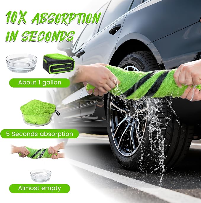PUGPIU Car Drying Towel - 1400GSM Extra Large Super Absorbent Microfiber Towels for Cars 24"x36" - Large Edgeless with Twisted Loop, Lint-Free & Streak-Free for Auto Detailing, SUV, Truck (Green)