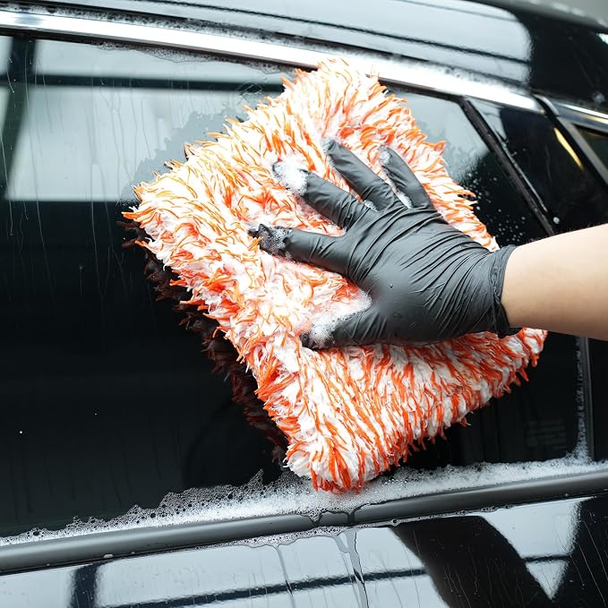 Microfiber Wash Pad, SPTA 3Pcs Ultra Wheel Pad Perfect for Wheels, Grills, and Tight Areas; Proprietary Microfiber Blend; Easily Releases Contaminates Upon Rinsing, 8.5in x 9.8in, Black/Orange-MT023B3
