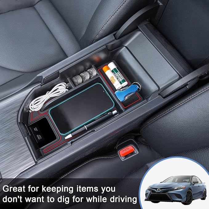 TOPINSTALL Red Center Console Organizer Compatible with 2018-2023 2024 Toyota Camry XLE XSE and 2020-2024 Camry LE SE with Dual USB Ports, Interior Accessories Armrest Tray Insert (Not for 2025)