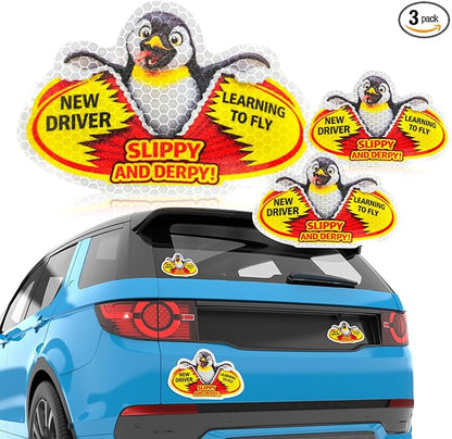 3 Pcs Reflective Student Driver Magnet and Stickers Set - Funny Animal New Driver Safety Signs for Car, Waterproof & Weatherproof High Visibility Vehicle Bumper Decals, Magnet + Stickers (Penguin)