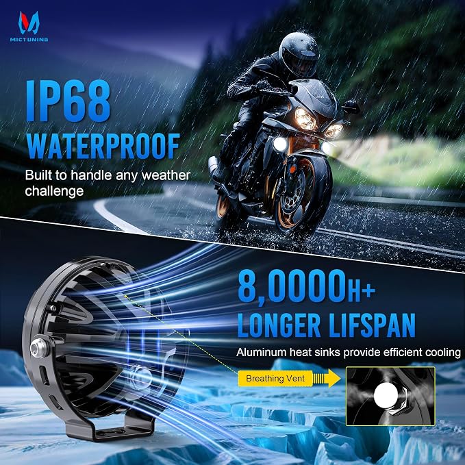 MICTUNING 4.5 Inch Round Motorcycle Driving Lights, 120W Fog Light Led Pods Offroad Work Spotlight IP68 Waterproof Wiring Harness Kit with Amber Protection Cover - Pair