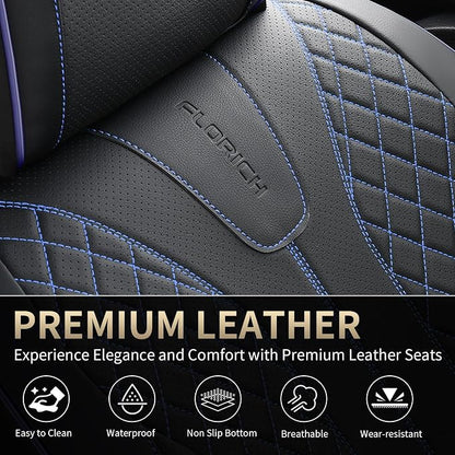 FLORICH Automotive Car Seat Covers Front Seat, Leather Car Seat Cover 2 Pack Waterproof Front Seat Covers Full Coverage Driver Seat Protector Universal Fit for Most Cars SUV Trucks, Black&Blue Line