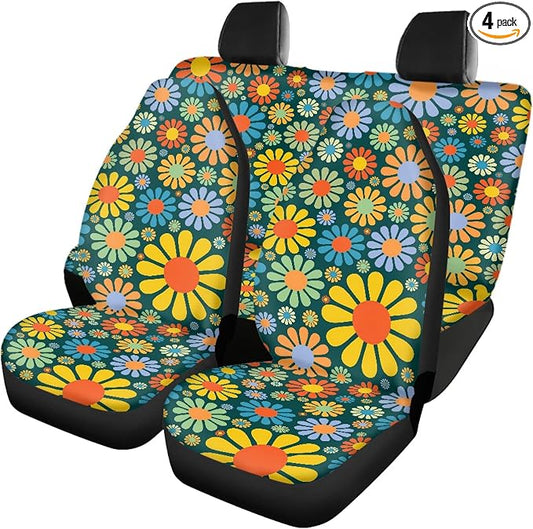 Colorful Hippie Flower Car Seat Covers Full Set,Abstract Tropical Floral Pattern Cute Vehicle Front Rear Bench Cushion Protectors Auto Interior Accessories Universal Fit for Trucks Sedans