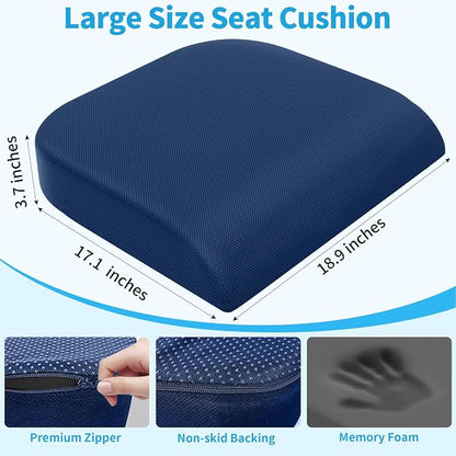 TranquilRelax 2XL Seat Cushion, Memory Foam Cushion for Long Sitting Hours on Office Chair, Car Seat, Non-Slip Chair Pad for Sciatica, Coccyx, Tailbone Pain Relief & Post-Surgery Recovery (Blue)