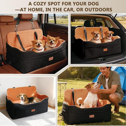 Vivifying Dog Car Seat for Back Seat, Booster Travel Bed for Medium Large Dogs or 2 Small Dogs, 4" Raised Foam Cushion, Safety Leash & Washable Cover, Soft Dog Booster Seat for Cars, Trucks & SUVs