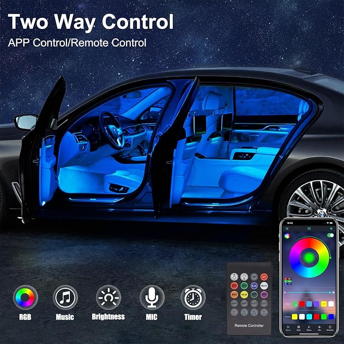 Car LED Strip Lights, LEDCARE 9 in 1 RGB Car Interior Lights with APP & Remote Control, 16 Million Colors Ambient Lighting Kit with 5 Fiber Optic LED Strips & 4 Under Dash Lights, Sync to Music