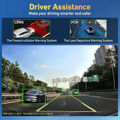 Dash Cam Front and Rear, 4K + 1080P Dual Camera for Cars 64GB | Built-in GPS, 5.8GHz WiFi, 3.2" IPS Screen, 24H Parking Mode