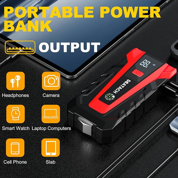 Scatach 6000A Car Battery Jump Starter,12V Portable Jump Starter Battery Pack (up to 9.0L Gasoline and 7.0L Diesel Engine), Jump Box with 3 Modes Flashlights, Jumper Cables, LED Display