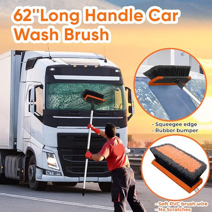 Wontolf 62'' Car Wash Brush with Long Handle, Scratch-Free Soft Bristles Sturdy Car Wash Mop, Complete Cleaning Brush Kit Wash Mitt Towel Windshield Squeegee Wheel Tire Brush for Car Truck RV Orange