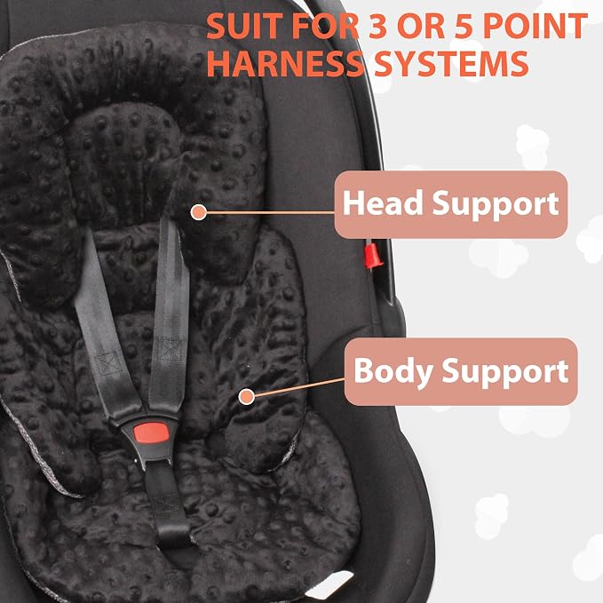 Infant Carseat Insert, 2-in-1 Reversible Baby Car Seat Cushion for Newborn Toddler Head & Body Support Car Seat Pad for Carseats, Strollers, Swings, Bouncers(Black)