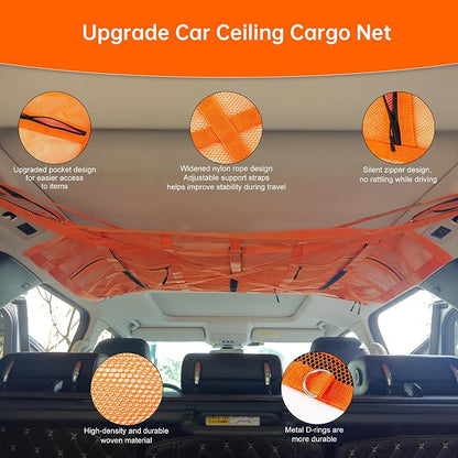 Extra Large Car Ceiling Cargo Net 39.3" x 23.6" for SUV,Truck & Van,Double Layer Roof Storage Organizer with Adhesive Straps,Overhead Mesh Holder for 4 Handle Vehicles,Camping Travel,Orange