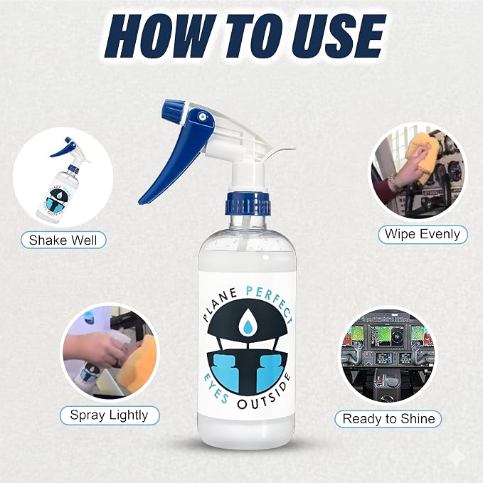 Plane Perfect Eyes Outside Windshield Cleaner - Aviation & Multi Surface Glass, Plastic, Plexiglass - Streak Free, Non Abrasive, Reduces Fog, UV Safe for Airplanes, Cars, Boats & LCD Screens | 16 Oz