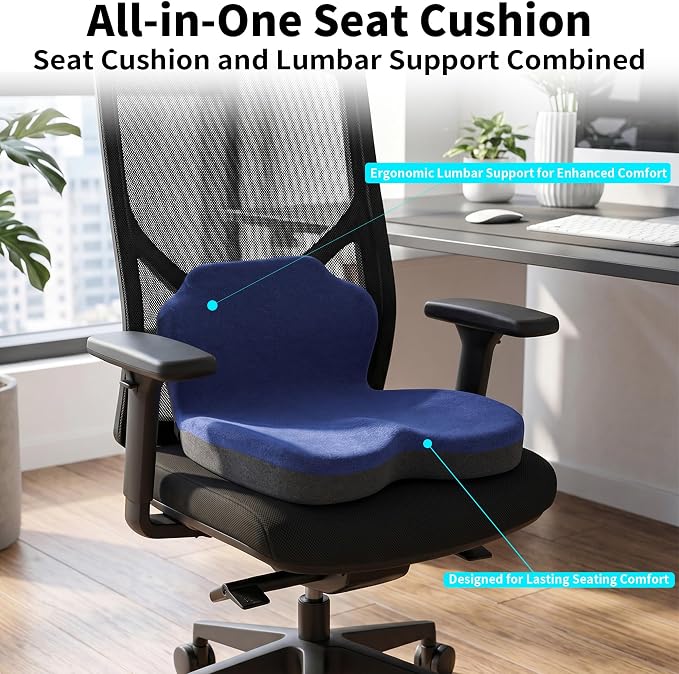Memory Foam Truck Seat Cushion & Lumbar Support Set – Ergonomic U-Shape Tailbone Relief + L-Shape Back Cushion for Long-Haul Semi/Pickup Drivers Breathathable Cover Non-Slip Bottom Dark Blue