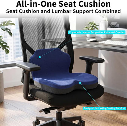Memory Foam Truck Seat Cushion & Lumbar Support Set – Ergonomic U-Shape Tailbone Relief + L-Shape Back Cushion for Long-Haul Semi/Pickup Drivers Breathathable Cover Non-Slip Bottom Dark Blue