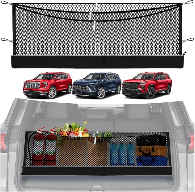 3-Layer Cargo Net for GMC Acadia/Buick Enclave/Chevrolet Traverse 2024-2026, Multi-Zone Trunk Storage Net with Zippered Bottom Bag, Heavy-Duty Cargo Organizer Netting for Camping, Travel & Daily Use