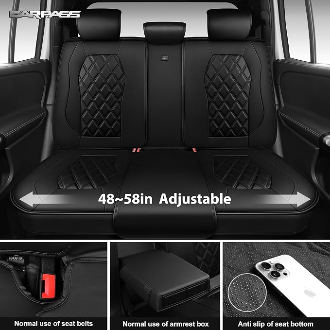 CAR PASS Luxury Nappa Leather Car Seat Covers Full Set, 3D Rhombus Waterproof Premium Leather Seat Covers, Universal Automotive Seat Cushion Fit for Sedan SUV Truck Van, Airbag Compatible Solid Black