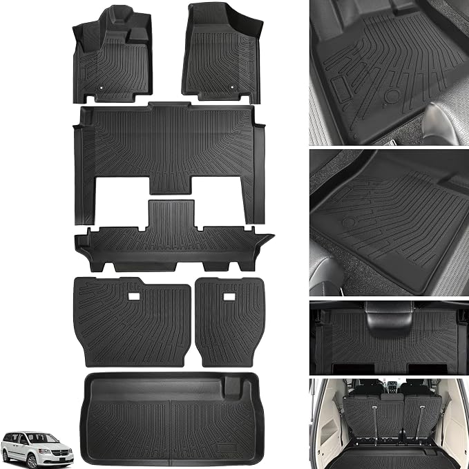Floor Mats Full Set for Dodge Grand Caravan 2008-2021 & for Chrysler Town & Country 2008-2016(ONLY Stow'n Go), TPE All Weather Protection Custom Fit Floor Liners & Backrest Mat & Cargo Liner