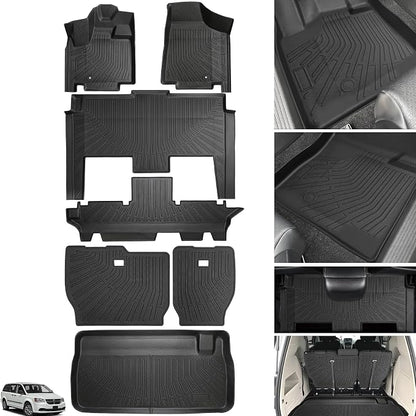 Floor Mats Full Set for Dodge Grand Caravan 2008-2021 & for Chrysler Town & Country 2008-2016(ONLY Stow'n Go), TPE All Weather Protection Custom Fit Floor Liners & Backrest Mat & Cargo Liner