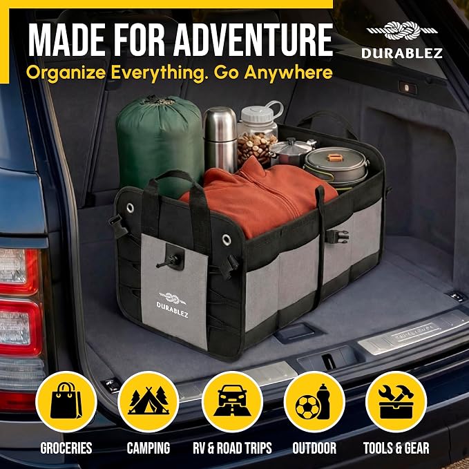 Compact Car Trunk Organizer 2-Section – Grocery, Tools, Cleaning Supplies Storage – Foldable Dual-Compartment Cargo Bin with Cover Net – Gray