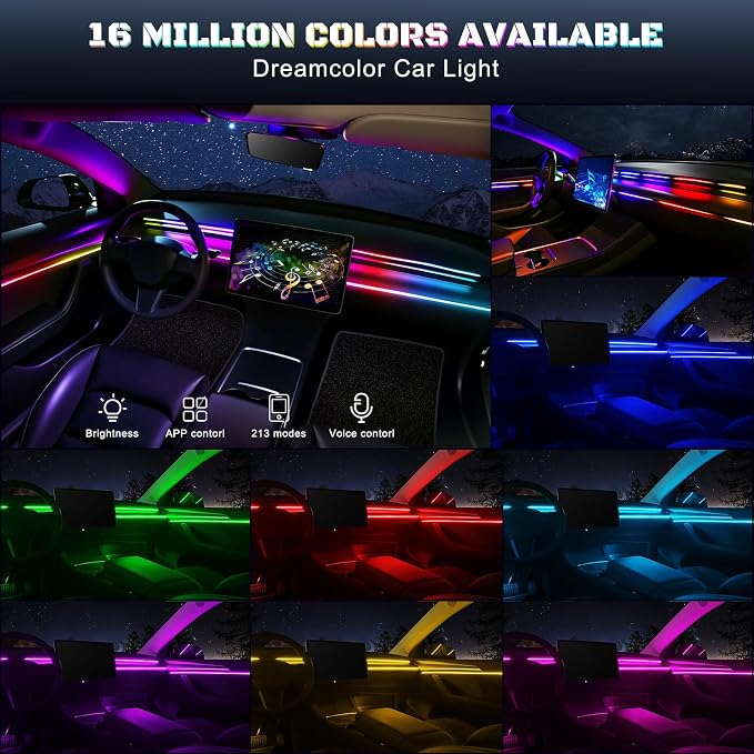 Acrylic Interior Car LED Strip Light with USB/Type C/4-Port Cigarette Lighter, Dreamcolor 6 in 1 with 175 inches 650 LEDs Ambient Lighting Kits, Sound Active Function Neon Led Strips for Car