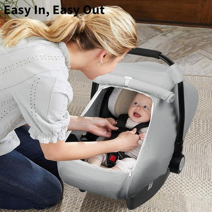 Rquite Car Seat Cover Baby, Carseat Covers Girl Boy, Breathable Muslin Cotton, Large Mesh Window, Infant Car Seat Canopy Baby Carrier Cover Stroller Sun Shade for Summer & Hot Day, Grey