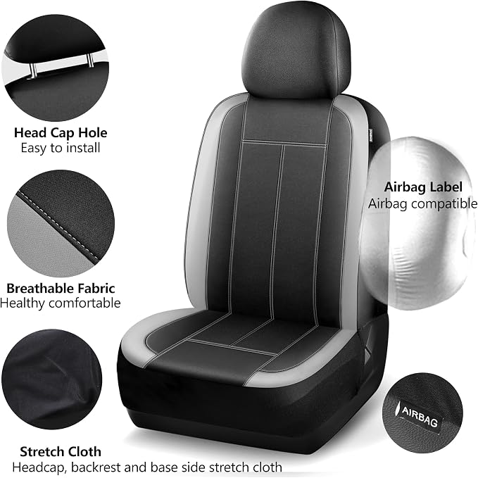 HChengkikz Car Seat Covers Full Set, Waterproof Neoprene Car seat Covers, Airbag Compatibable, All Season Protection Universal for Most Cars, Trucks, SUVs (Black + LightGray)