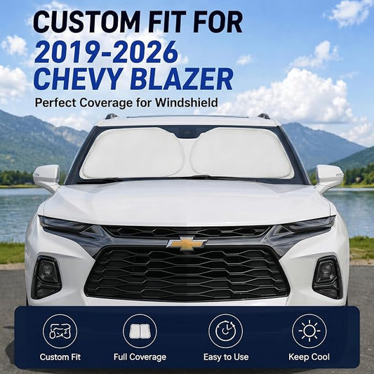 Custom Fit Windshield Sun Shade for Chevy Chevrolet Blazer 2019-2026 | Custom Fit Windshield Cover, Blocks UV Rays, Double-Layer Heat Shield, Durable Frame, Easy Fold & Storage