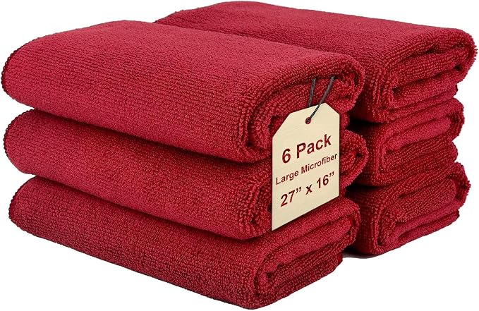 Cleaning Cloth Towels - Large 27" x 16" Microfiber Rags - Highly Absorbent, Lint Free Streak Free for House, Kitchen, Car, Window Detailing Reusable Shop Towels (6-Pack, Burgundy)
