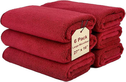 Cleaning Cloth Towels - Large 27" x 16" Microfiber Rags - Highly Absorbent, Lint Free Streak Free for House, Kitchen, Car, Window Detailing Reusable Shop Towels (6-Pack, Burgundy)