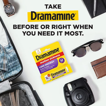 Dramamine Motion Sickness Less Drowsy, for Nausea Relief During Travel, 16 Count