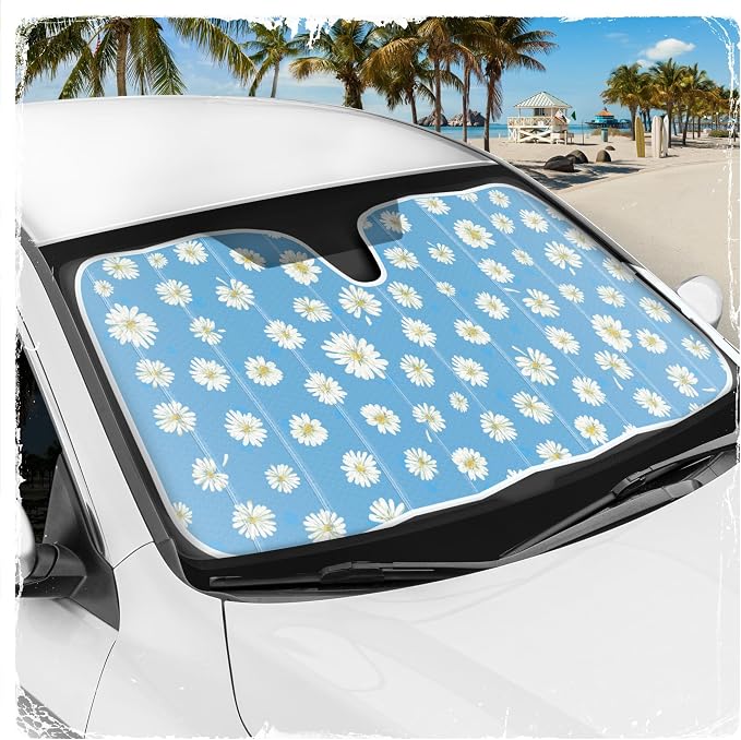 Carbella Blue Daisy Car Windshield Sun Shade - Sun Visor Sunshade for Car Windshield - Window Shades for Cars, SUV & Truck - Dash Cover UV Protection for Front Window Shade Accessories - 57" x 27"