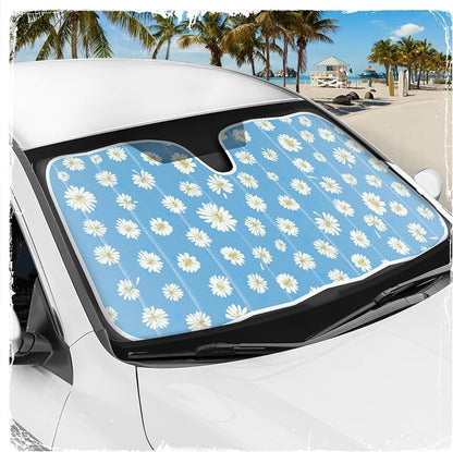 Carbella Blue Daisy Car Windshield Sun Shade - Sun Visor Sunshade for Car Windshield - Window Shades for Cars, SUV & Truck - Dash Cover UV Protection for Front Window Shade Accessories - 57" x 27"