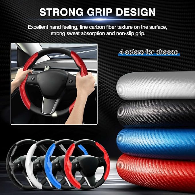 Canvcle Steering Wheel Cover for Tesla Model 3/Y 2016-2025 2026 Highland/Juniper Accessories Carbon Fiber Steering Wheel Cover Protector Non-Slip, Comfortable, Breathable, Model 3/Y Accessories, Red