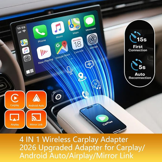 4 in 1 Wireless Carplay Adapter, Wired to Wireless Adapter for Car Play& Android Auto&Airplay&Mirror Link,USB-A Plug with Type-C Extension,Mini Size and Compact (4 in 1)