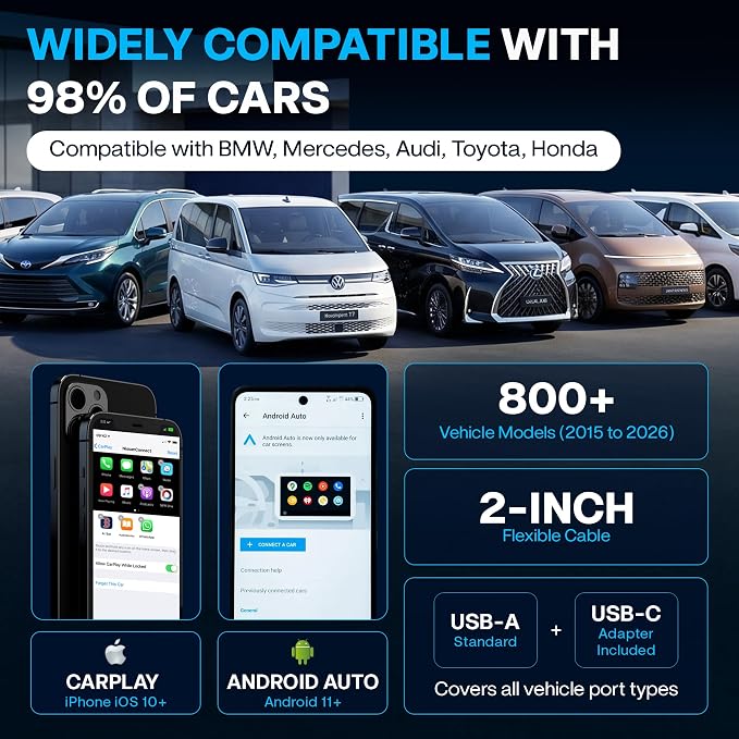 2026 Wireless CarPlay & Android Auto Adapter - Flexible Cable Prevents Port Damage, Dual-Band 2.4GHz+5GHz Fast & Stable Connection, USB A+C Adapter Included for 800+ Vehicles 2015-2026, Carbon Fiber