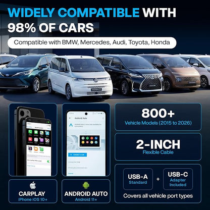 2026 Wireless CarPlay & Android Auto Adapter - Flexible Cable Prevents Port Damage, Dual-Band 2.4GHz+5GHz Fast & Stable Connection, USB A+C Adapter Included for 800+ Vehicles 2015-2026, Carbon Fiber