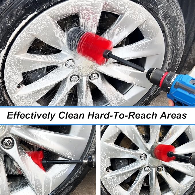 Wheel Brush Kit, Soft Drill Wheel Cleaner Brush, No Scratches Highly Dense Car Cleaning Brush Set for Wheels, Rims, Engines, Exhaust(Red/Black,2Pcs)