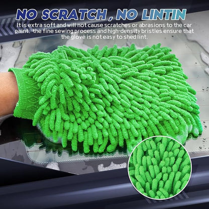 wuyaoyao 2PCS Car Wash Mitt, 10.14"×7.12" Chenille Microfiber Car Wash Mitts, Scratch-Free & Lint-Free, Absorbent Double Sided Clean Glove for Cars Cleaning, Auto Cleaning Supplies (Green)