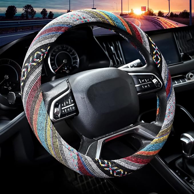 Valleycomfy Cloth Steering Wheel Covers for Women Bohemian Universal 15 inch Baja Blanket Enthic Grey