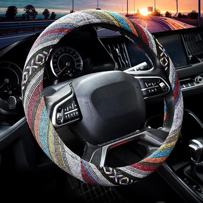 Valleycomfy Cloth Steering Wheel Covers for Women Bohemian Universal 15 inch Baja Blanket Enthic Grey