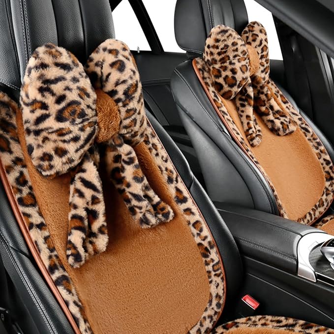 Car Neck Pillow Plush Bowknot Car Headrest Pillow Comfortable Neck Support for Driving Soft Touch Fabric Car Pillow Cute Interior Decor (Leopard-1Pcs)